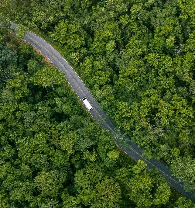 Drönarvy över en transport längs en slingrande väg genom en grön sommarskog i Urshult.