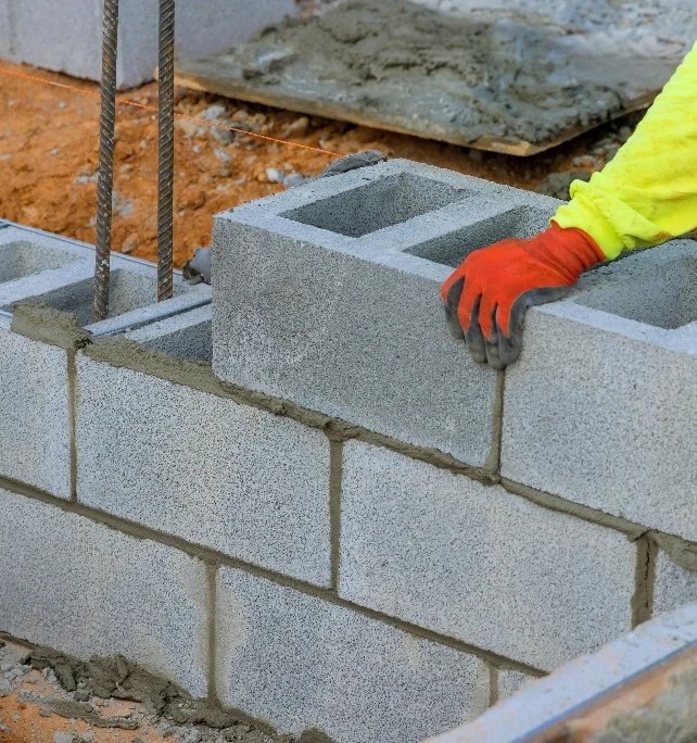 En hantverkare lägger betonghålsten för en grund vid ett anläggningsarbete.
